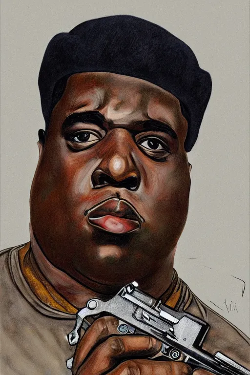 Prompt: a portrait of biggie smalls holding a gun in style of egon schiele, masterpiece, hyperdetailed, complex, intricate, 4 k, trending on artstation