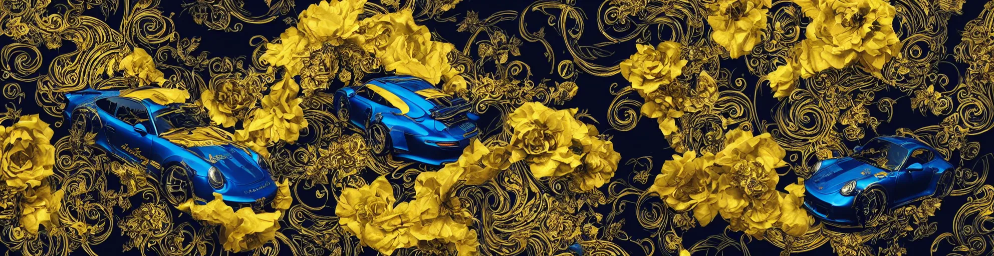 Image similar to black blue yellow porsche 9 1 1, complicated gold and blue flowers the baroque style decoration, dark fantasy, intricate, elegant, highly detailed, digital painting, artstation, concept art, matte, 3 d 8 k octane rendered, sharp focus, illustration, octane rendered, art by artgerm