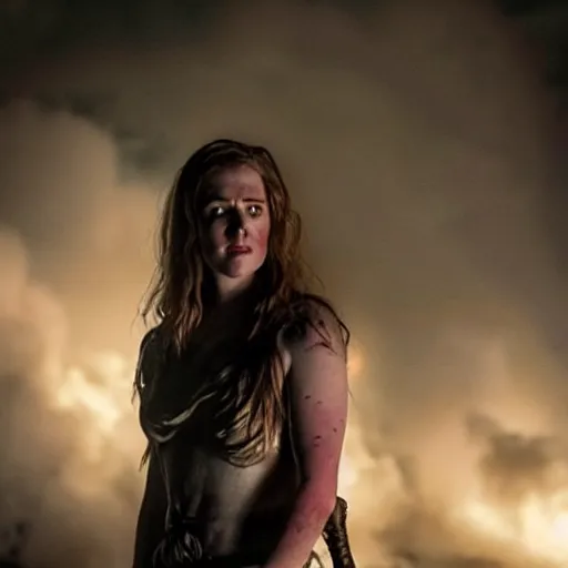 Image similar to bree williamson as the goddess of war. movie still. sinister atmospheric lighting. highly detailed, ground mist