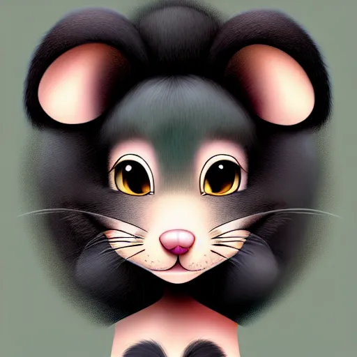 Image similar to headshot of young cartoon female mouse, healthcliff style, cute, fantasy, intricate, long hair, dark grey skin, mouse face, furry mouse, dark skin, mouse head, mouse ears, black hair, elegant, cartoony, furry Deviantart art of the day, furry character, character art, smooth, sharp focus, illustration, art by adoptables