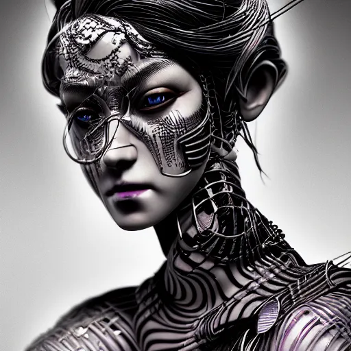 Prompt: the portrait of an absurdly beautiful, graceful, sophisticated, fashionable cyberpunk gravure idol, an ultrafine hyperdetailed illustration by kim jung gi, irakli nadar, matt wisniewski, tribal makeup, intricate linework, iridescent wiring, porcelain skin, unreal engine 5 highly rendered, global illumination, radiant light, detailed and intricate environment