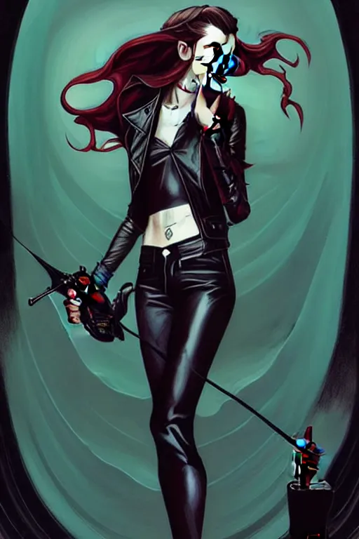 Image similar to rafael albuquerque comic art, art nouveau, peter mohrbacher, artgerm, pretty anya taylor - joy vampire sharp vampire teeth open mouth, black leather jacket, jeans, long blonde hair, full body