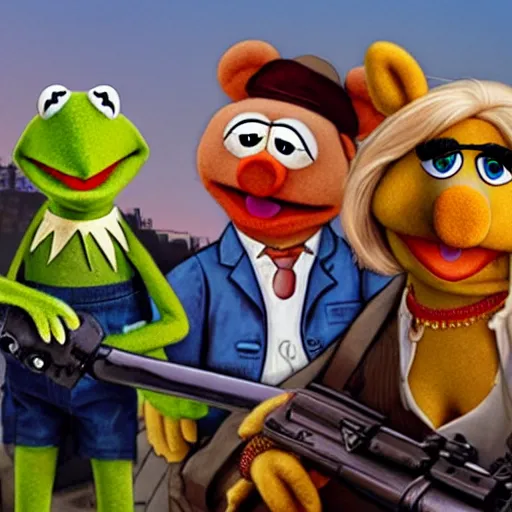 Prompt: the muppets as grand theft auto characters, 4k, high detail, high-resolution photograph