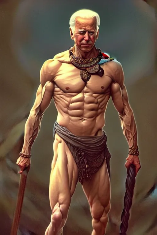 Image similar to Joe Biden as a Greek god, gorgeous, amazing, muscular, fit, very muscular male body, intricate, highly detailed, digital painting, artstation, concept art, sharp focus, illustration, art by greg rutkowski and alphonse mucha