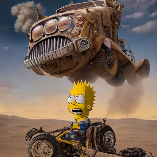 Prompt: Epic Masterpiece wide angle shot of Bart Simpson in Mad Max Fury Road, drawn by Donato Giancola and Tom Bagshaw, Edmund Leighton, Alphonse Mucha, 4k, volumetric lighting, komorebi, trending on artstation, octane render, hyperrealistic