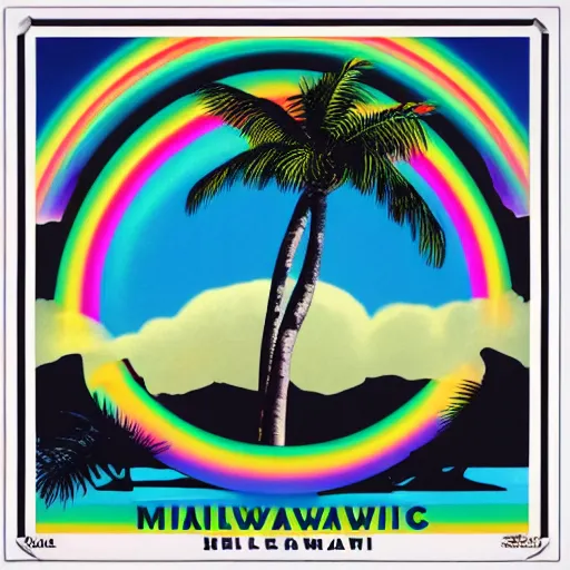 Image similar to miracle musical Hawaii part ii album cover, showing an ocean in the background, spiral transparent stairs on the left with tall palm trees behind it, a slight rainbow in the background, white outline border, moon in the right top area black and white except for the rainbow album cover with rainbow text in the middle reading Hawaii part ii