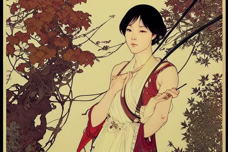 Image similar to beautiful cinematic fantasy poster, asian woman with 2 left arms side view using a bokken in forest ; intricate complexity, by shigenori soejima, krenz cushart, alphonse mucha, takato yamamoto, conrad roset, 4 k, beautiful, high quality - h 9 6 0