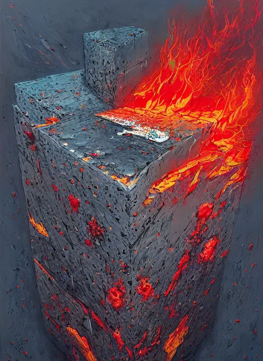 Image similar to a smooth grey cube being devoured by extremely detailed splatters of abstract paint, engulfed in flames in the style of james jean, pascal blanche, surreal, beksinski, high detailed