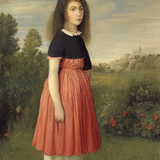 Image similar to Computer art. A young girl stands in the center of the frame, looking off to the side. She wears a school uniform with a short skirt and a striped shirt. The background is a vivid, with wavy lines running through it. soft shadow by Maria Sibylla Merian, by Henri Fantin-Latour washed-out