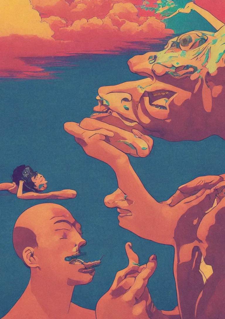 Prompt: man licks a tab of LSD acid on his tongue and experiences psychedelic hallucinations, by kawase hasui, Edward Hopper and James Gilleard, colorful flat surreal design, hd, 8k, artstation
