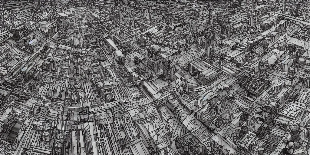 Image similar to cinematic still of hyper detailed street leve view realistic afro steampunk city designed by frank lloyd wright architect, helicopters, deep perspective, wide angle, insanely detailed and intricate,