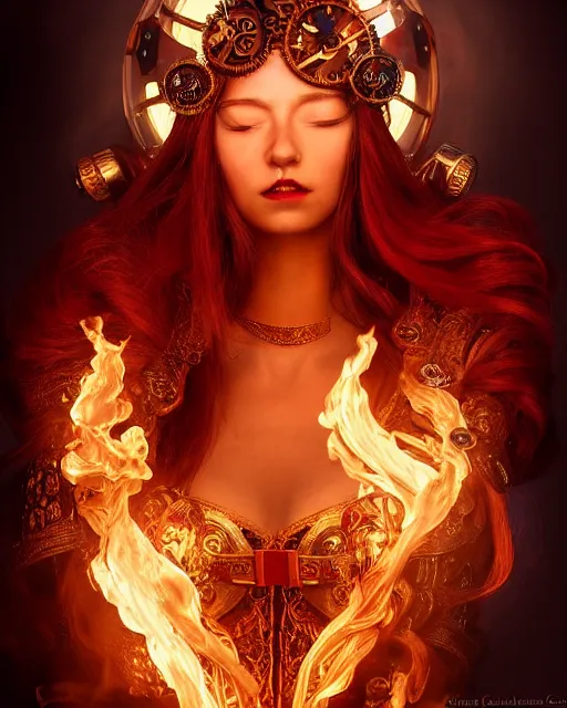 Image similar to a beautiful image of a young woman, steampunk Chandra queen of fire, big googles over her head, long flowing hair glowing with fire, steampunk costume mostly red and gold young female face, cinematic top lighting, insanely detailed and intricate, face by wlop, Charlie Bowater, golden ratio, symmetric, elegant, ornate, luxury, elite, matte painting, cinematic, trending on artstation, deviantart and cgsociety, 8k, high resolution