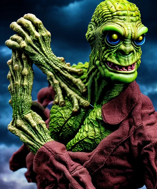 Image similar to hyperrealistic rendering, epic boss battle, cronenberg flesh monster creature from the black lagoon frankenstein, by art of skinner and richard corben, product photography, collectible action figure, sofubi, hottoys, storm clouds, outside, lightning