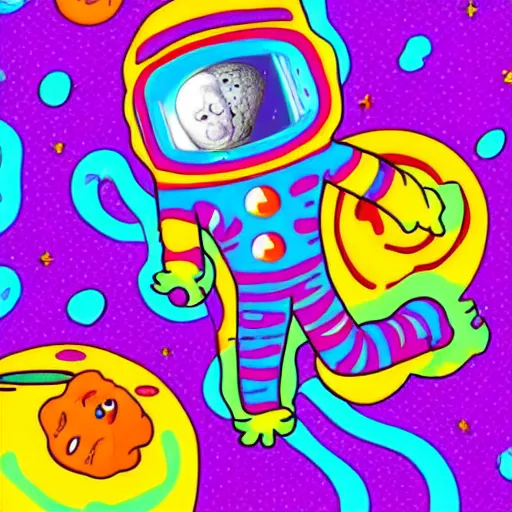 Image similar to dead astronaut floating in a bowl of colorful marshmallow cereal, in a hellish dimension of torment, by Lisa Frank