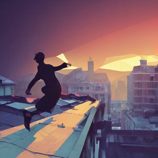 Prompt: sideways landscape photo of person jumping on the roofs, high contrast, moody sunset, late night, detailed low poly characters, by greg rutkowski, alphonse mucha, beeple, sharp focus, digital art, smooth, light refraction, pixiv art, volumetric lighting, makoto shinkai