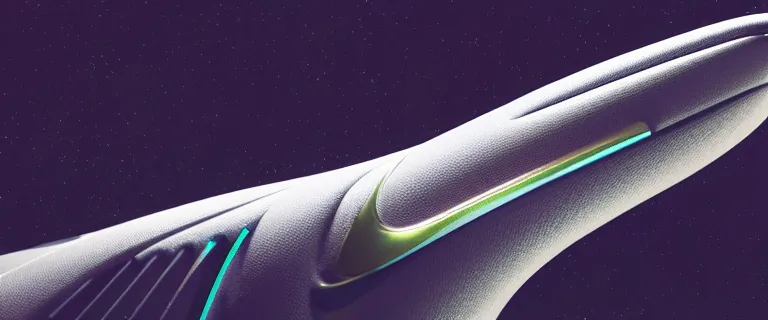 Prompt: spaceship in the form of the Nike logo swoosh, stars, hyper realism, octane render, 8k