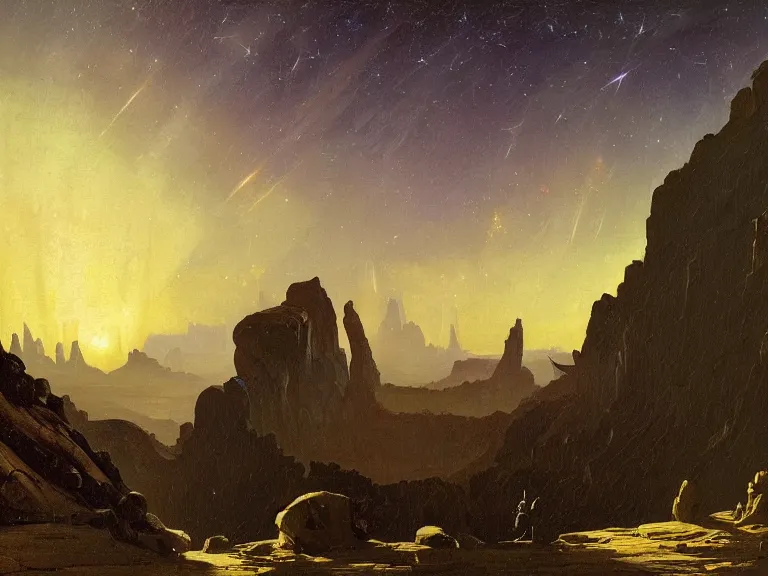 Image similar to an oil painting of a canyon on an alien planet with a distant outpost at dusk with aurora lighting up the sky and a small shooting star by carl spitzweg and tuomas korpi. baroque elements, full-length view. baroque element. intricate artwork by caravaggio. Trending on artstation. 8k