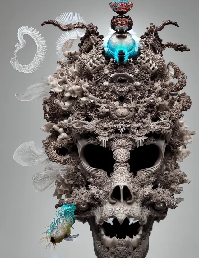 Image similar to goddess macro close - up portrait wigh crown made of ram skull. beautiful intricately detailed japanese crow kitsune mask and clasical japanese kimono. betta fish, jellyfish phoenix, bioluminiscent, plasma, ice, water, wind, creature, super intricate ornaments artwork by tooth wu and wlop and beeple and greg rutkowski