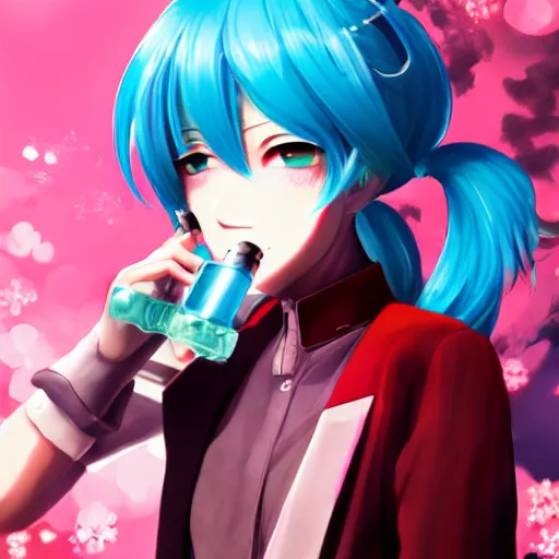 Image similar to hatsune miku smoking weed with a vape pen, smoke coming out of her mouth, bloodshot eyes, artstation, 4 k