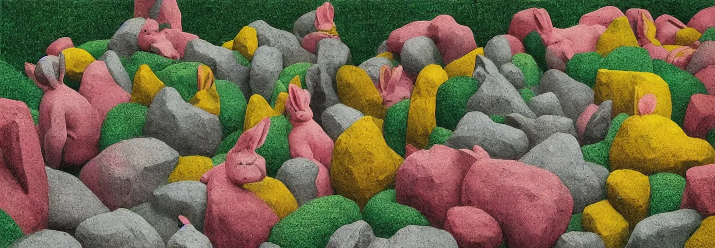 Image similar to a rock garden filled with pink rabbits, by m. c. escher, yellow, green, red, snowy, ultra sharp, ultra detailed, cyberpunk, happy, uplifting, colorized by salvador dali