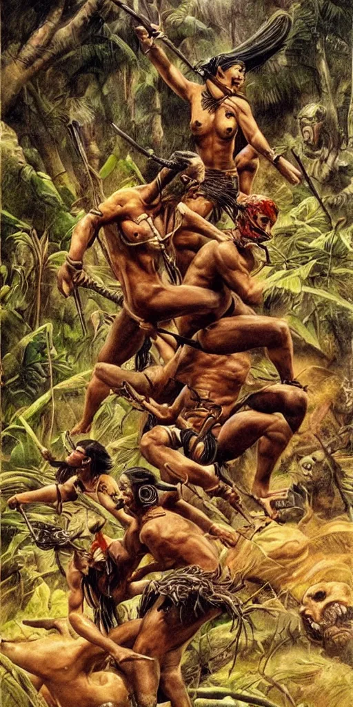 Image similar to battle in jungle, brutal aztec and Amazonian fight, epic, vintage, blood, slight inspiration of Boris vallejo and apocalypto, war photography