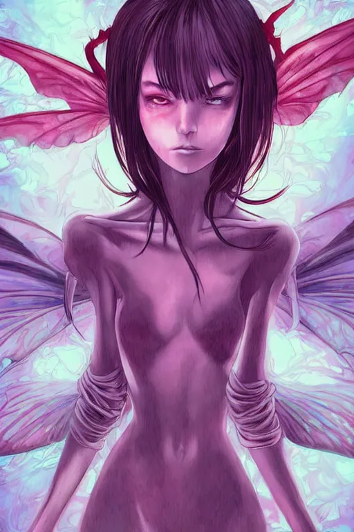 Image similar to concept art painting of a demonic devil fairy, artgerm, moebius, inio asano, toon shading, cel shading, calm, tranquil, vaporwave colors,