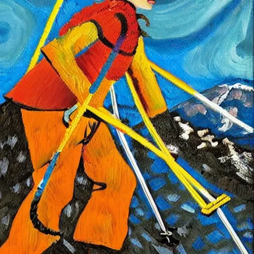 Image similar to oil painting of Frida kahlo skiing down mount Everest with Salvador Dali, in the style of van Gogh