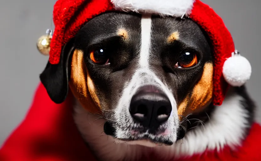 Prompt: studio photography of a dog wearing a woolen christmas sweater, detailed face, cinematic lighting, 8 k