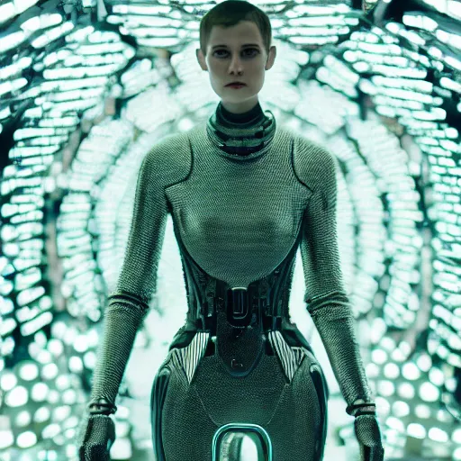 Prompt: Fashion photography of a woman wearing a futuristic outfit inspired by Ex Machina (2014), intricate, artistic photography, cinematic lighting, insanely detailed, cinestill 800t, Vogue magazine