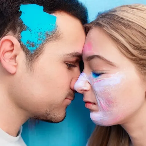 Image similar to couple kissing with bright blue glue paste in faces