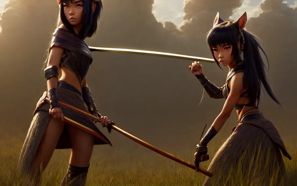 Prompt: weta disney pixar movie shot of madison beer : : as samurai warrior catgirl by pixar : : by weta, greg rutkowski, wlop, ilya kuvshinov, rossdraws, artgerm, marvel, unreal engine, pearlescent, bright morning, anime