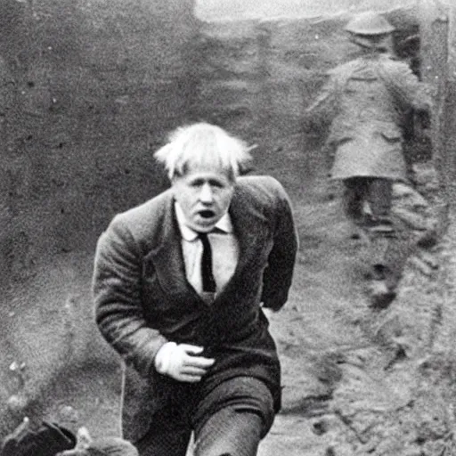 Image similar to Boris Johnson in the trenches, running away and being a coward, vintage 1920s photo