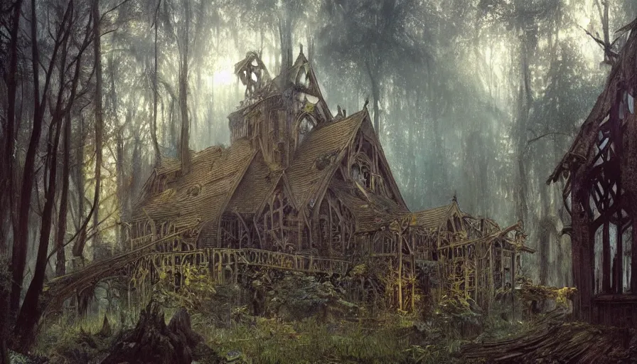 Image similar to a beautiful intricate painting of a abandoned log church in dark evil fantasy forest, reflections, very high details by william turner art, greg rutkowski and alphonse mucha, trending on artstation, very very detailed, masterpiece,