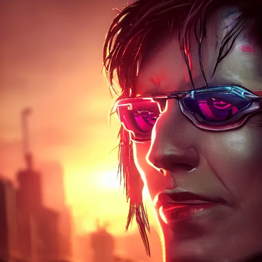 Image similar to cyberpunk, closeup portrait of a washed up cyberpunk hacker, dramatic light, city background, sunset, dystopian setting, high contrast, sharp, neuromancer, henry dorsett case, painted by stanley lau, painted by greg rutkowski, painted by stanley artgerm, digital art, trending on artstation