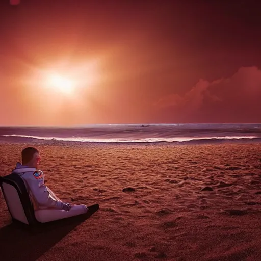 Image similar to an astronaut relaxing on the beach, dramatic lighting, cinematic, extremly high detail, photorealistic, cinematic lighting, nasa footage