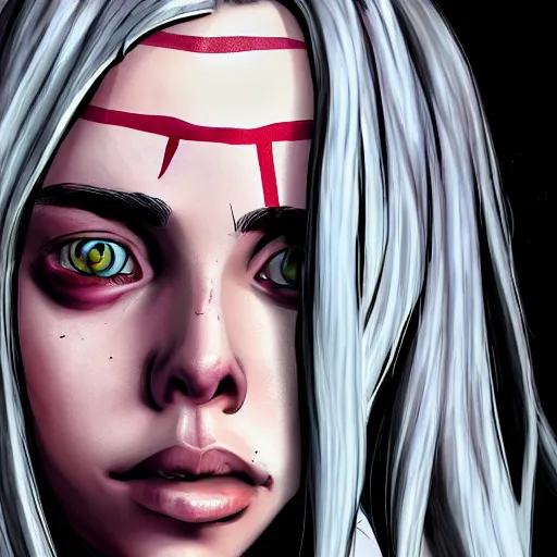 Image similar to billie eilish portrait, borderlands, tales from the borderlands, the wolf among us, comic, cinematic lighting, studio quality, 8 k