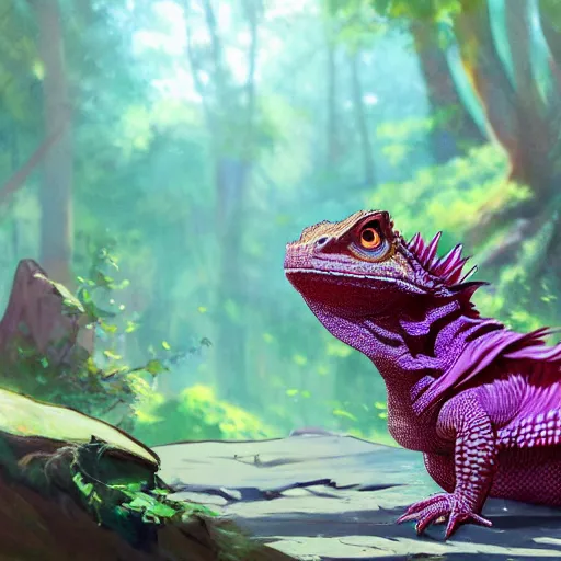 Image similar to concept art painting of an anthropomorphic bearded dragon anthro wearing magenta wizard robes, in the deep forest, realistic, detailed, cel shaded, in the style of makoto shinkai and greg rutkowski and james gurney