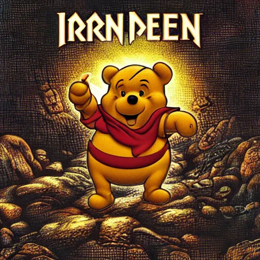 Image similar to winnie the poo on iron maiden album cover, 8 k resolution hyperdetailed photorealism