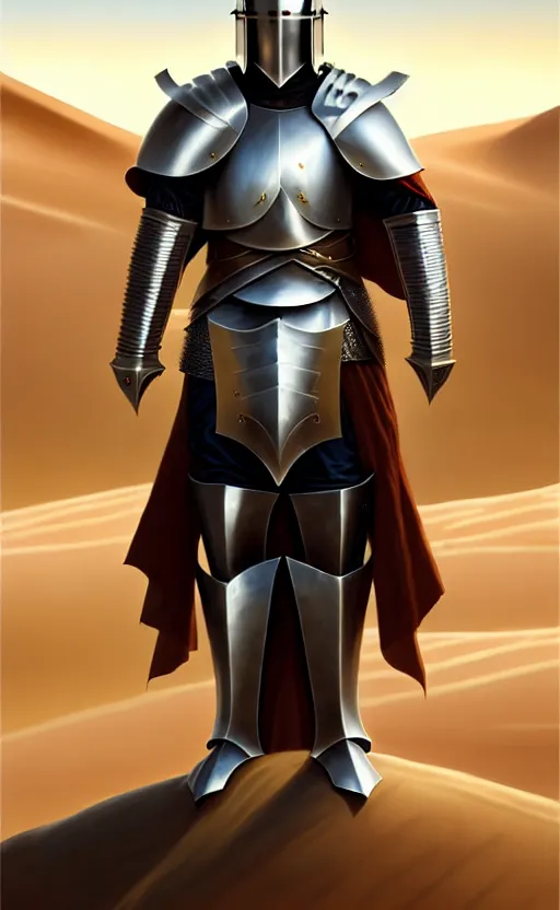 Prompt: white man looking forward in decorated plate armor, cylindrical crusader great helm covering all his head and white silk cape covering his elbows holding golden cross shaped heavy sword in the desert drawn by greg rutkowski realistic high detail