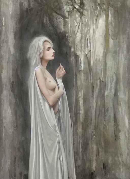 Prompt: single thin angel with silver hair so pale and wan!, thin!, wearing robes, covered in robes, lone pale wan feminine goddess, wearing silver robes, flowing hair, pale skin, young cute face, covered!!, clothed! oil on canvas, style of lucien levy - dhurmer and jean deville, 4 k resolution, aesthetic!, mystery