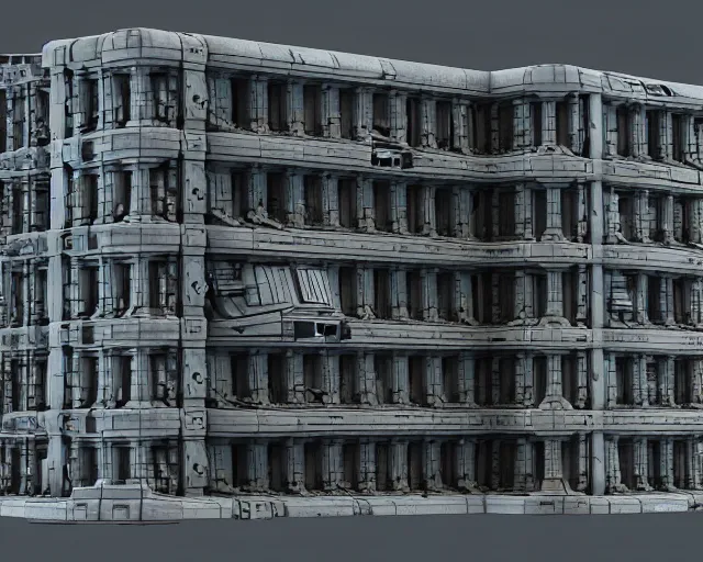 Prompt: 3 d sculpt of scifi rectangular building facade covered with greebles, maschinen krieger, halo, star wars, ilm, star citizen halo, mass effect, starship troopers, elysium, the expanse, high tech industrial, artstation unreal