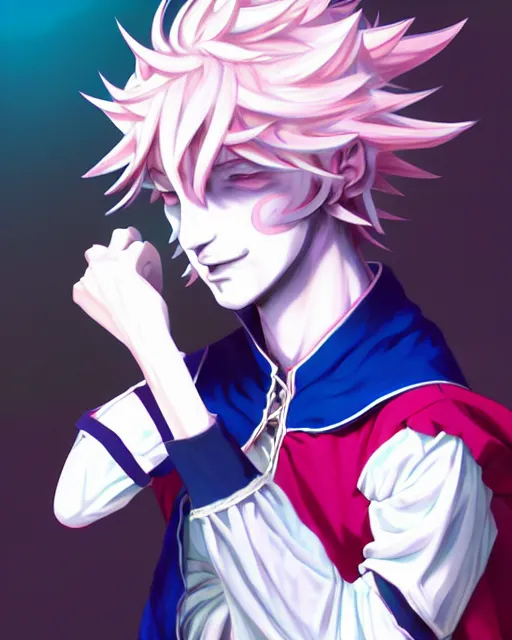 Image similar to extremely attractive soft feminine male as a jester anime character screenshot, nagito komaeda and hisoka jester, anime feminine male fool, intricate, sharp focus, illustration, highly detailed, digital painting, cell shaded, concept art, matte, art by ilya kuvshinov and kyoto animation and wlop, ruan jia, greg rutkowski, studio quality