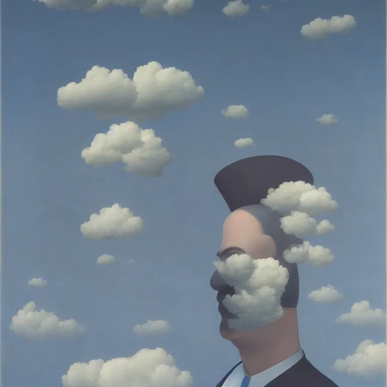 Image similar to portrait of a cloud faced man, by rene magritte, centered, detailed painting, hd, hq, high resolution, high detail, 4 k, 8 k