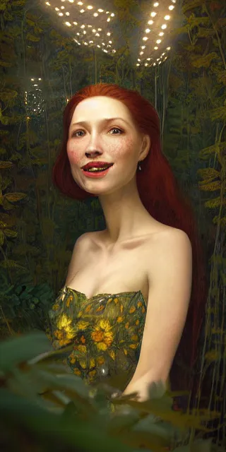 Image similar to lovely woman, serene smile surrounded by golden firefly lights, amidst nature fully covered by a intricate detailed dress, long red hair, precise linework, accurate green eyes, small nose with freckles, smooth oval shape face, empathic, expressive emotions, spiritual scene, hyper realistic ultrafine art by artemisia gentileschi, jessica rossier, boris vallejo