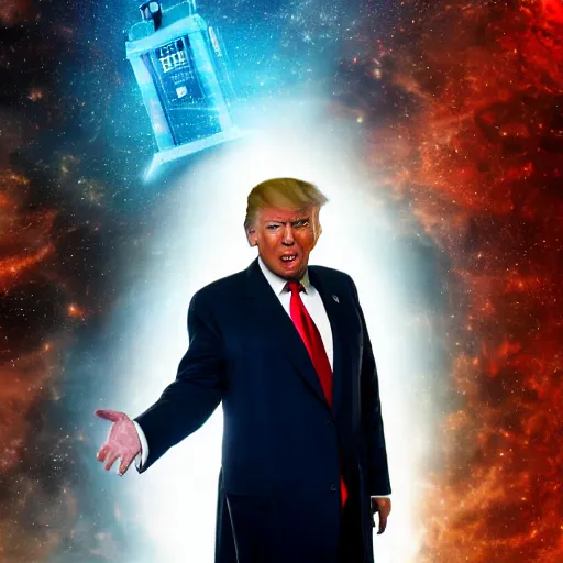 Image similar to a beautiful photograph of donald trump as'doctor who ', time vortex in the background, detailed face, symmetrical face, extreme realism and detail, 8 k, completely framed, direct lighting, 3 5 mm photo, photorealistic, sharp focus