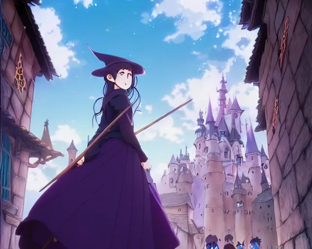 Image similar to ( majo no tabitabi ), key anime visual portrait of a young female witch walking through a busy medieval village, dynamic pose, dynamic perspective, cinematic, dramatic lighting, detailed silhouette, anime proportions, perfect anime, yoh yoshinari, ( violet evergarden )