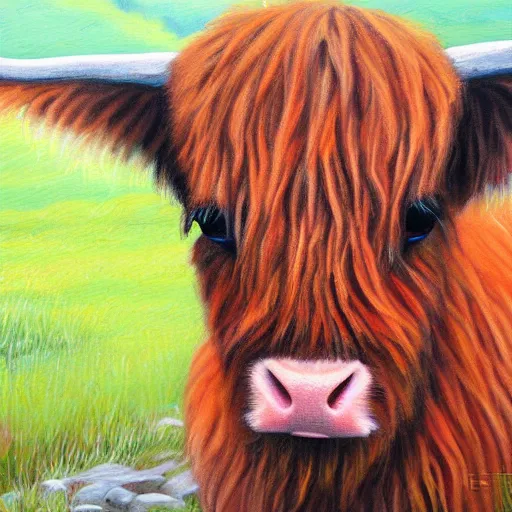 Prompt: cute baby scottish highland cow mucklecoo with long shaggy orange fur detailed painting 4k