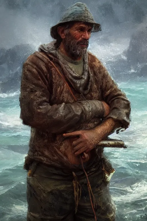 Image similar to Atlantis fisherman, close-up portrait, poor, intricate, elegant, volumetric lighting, scenery, digital painting, highly detailed, artstation, sharp focus, illustration, concept art,ruan jia, steve mccurry