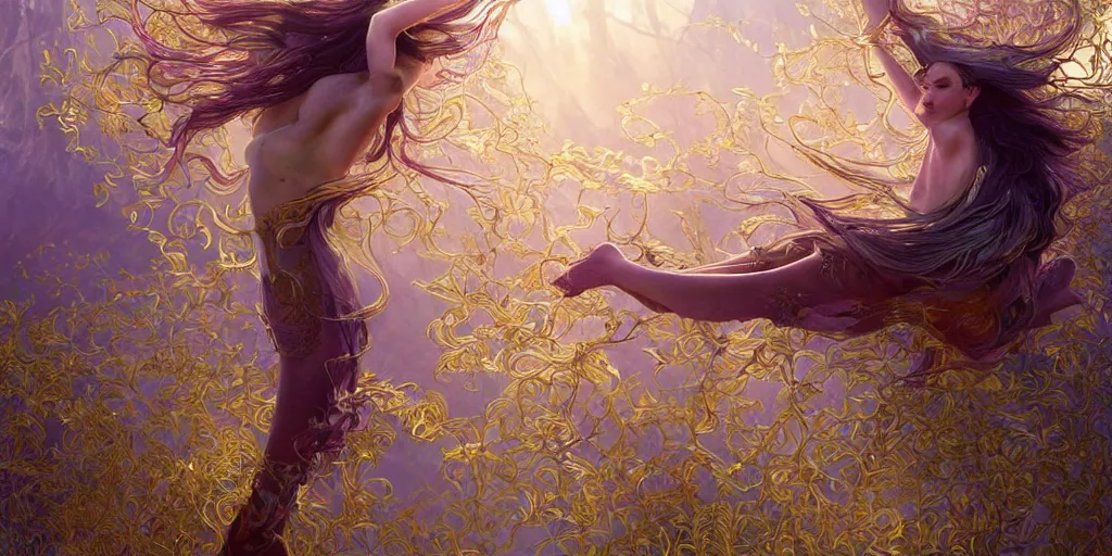 Prompt: wide angle, opulescent purple panther, metallic silver and ice color reflected crystal hair, leaping from willow tree, fantasy, intricate, very beautiful, elegant, golden light, highly detailed, digital painting, artstation, concept art, smooth, sharp focus, unreal engine, art by wlop and tian zi and alphonse mucha
