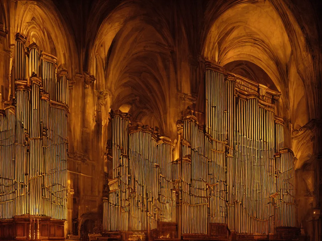 Prompt: hyper realistic photo of a million pipe organ interior volumetric lights designed by alan lee and caravaggio